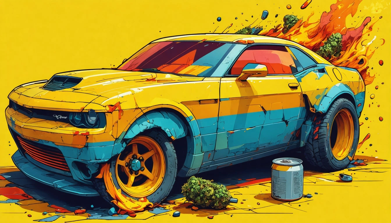 Yellow and blue sports car with flames and smoke, surrounded by scattered debris and a soda can, on a bright yellow background