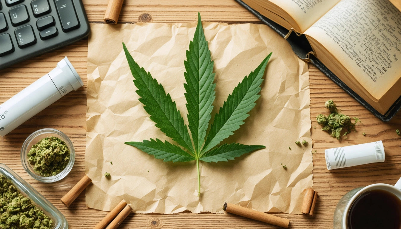 Large green leaf on crumpled paper, surrounded by open book, keyboard, small jars, and cinnamon sticks on wooden table