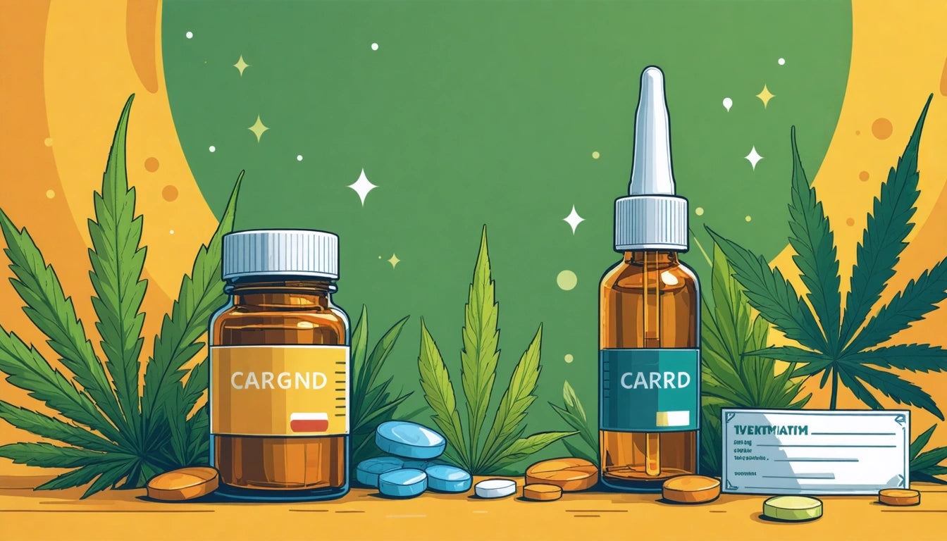 Brown bottles with labels, surrounded by pills, leaves, and a small box on a green background with sparkles