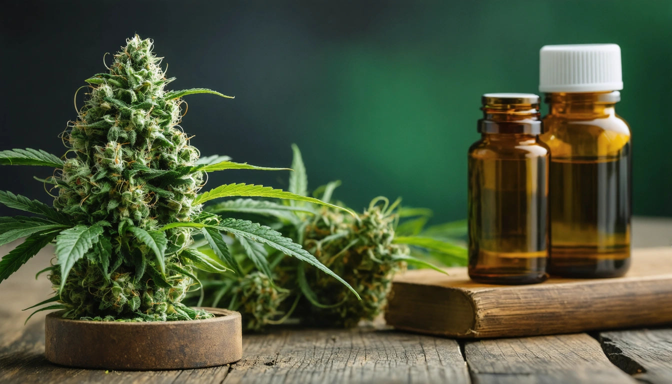 Green plant with spiky leaves on wooden surface, two brown glass bottles with white caps nearby, blurred green background