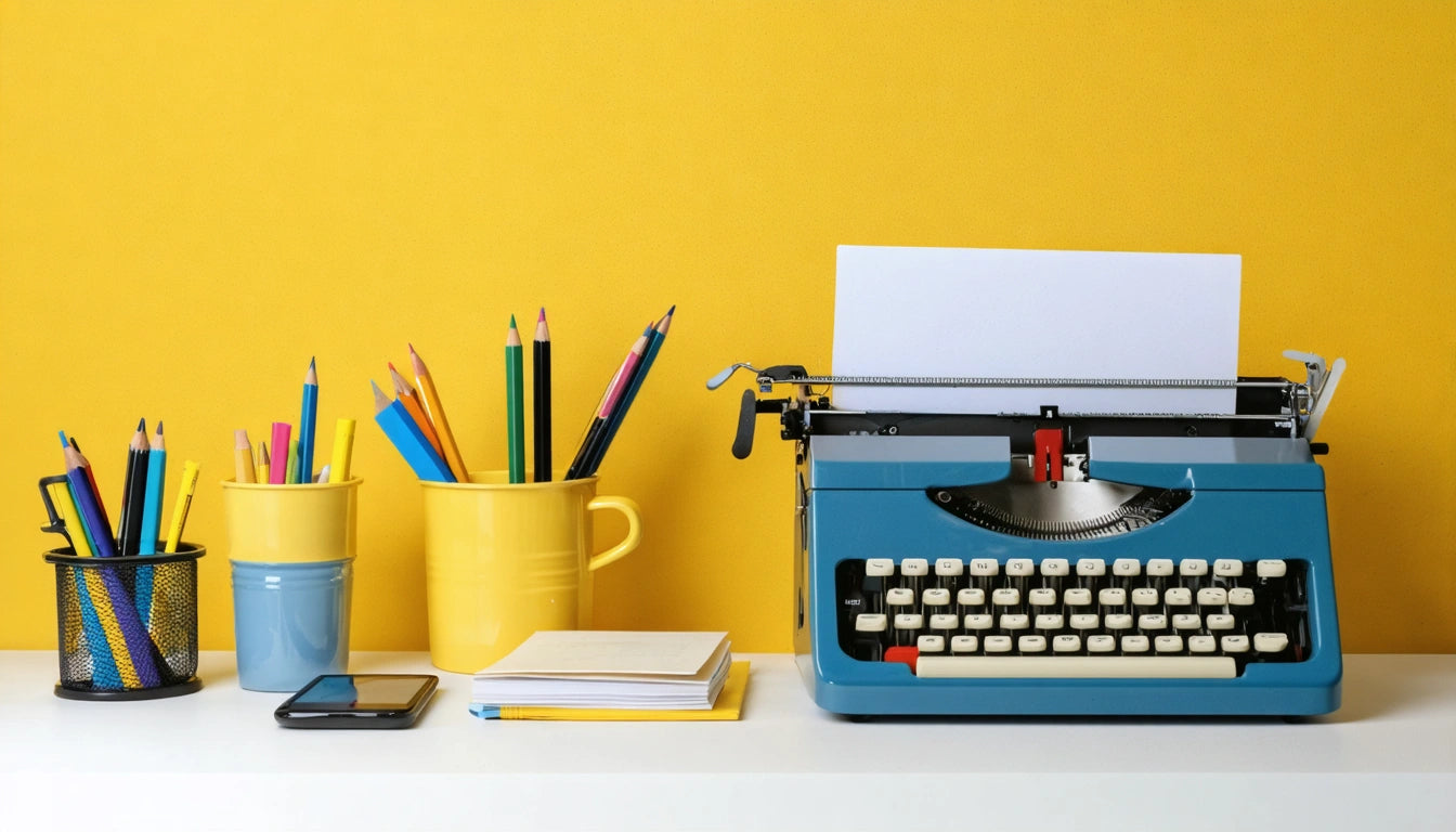Blue typewriter with paper, yellow and blue mugs holding colored pencils, a phone, and notebooks on a white desk against a yellow wall