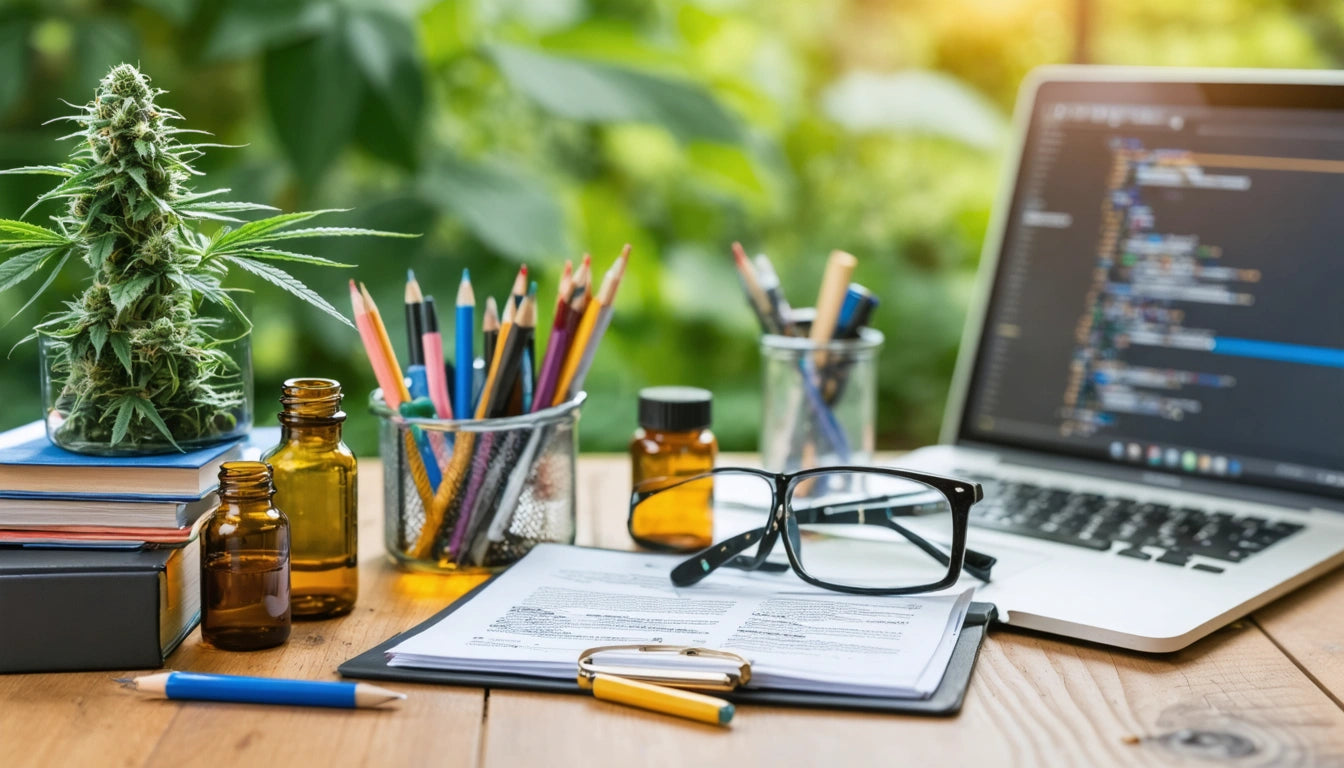 Laptop with code on screen, glasses on papers, colorful pencils in jars, amber bottles, and a plant on a wooden table