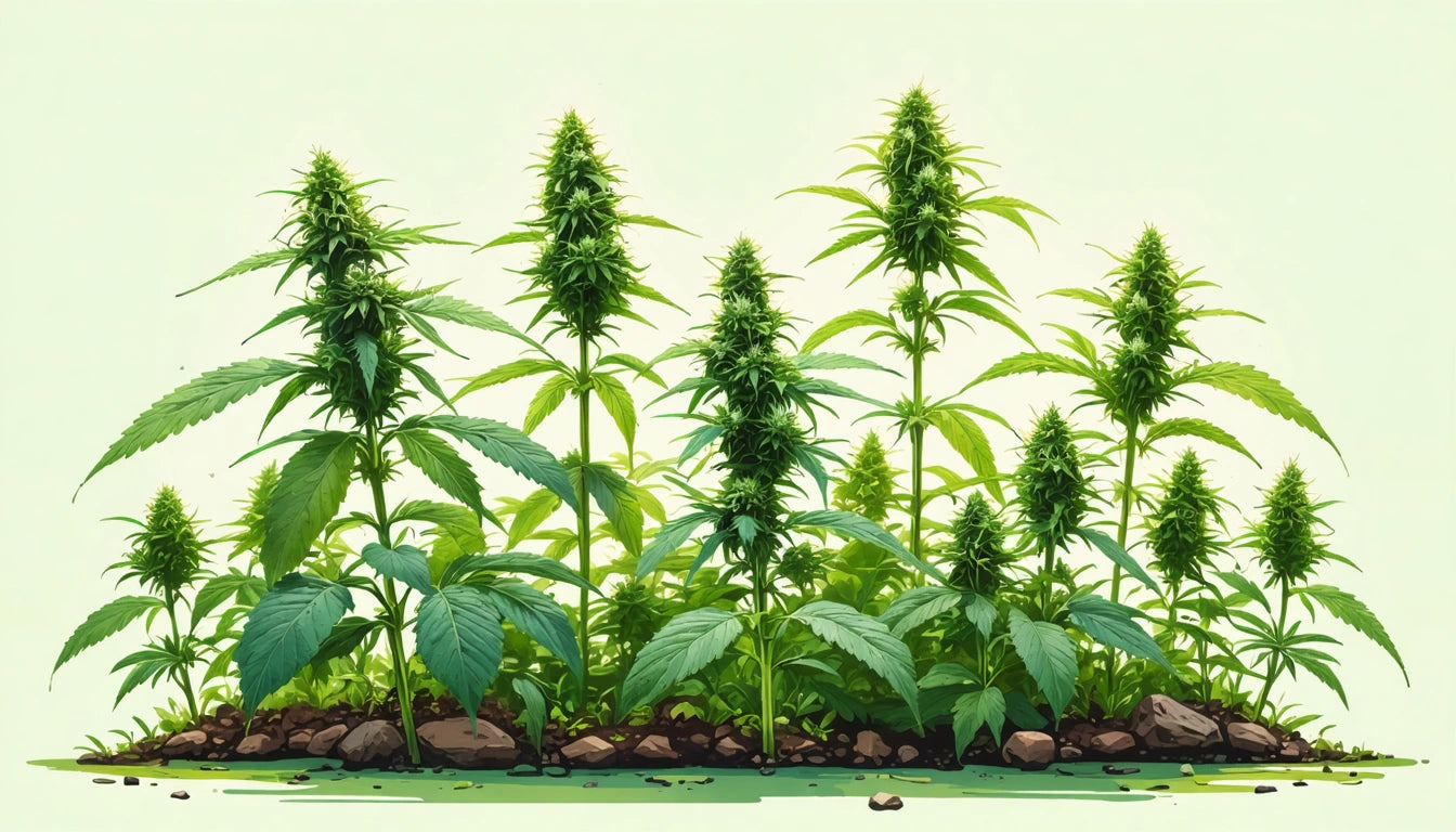 Tall green plants with serrated leaves and clusters of buds, growing from soil with scattered rocks, against a light background