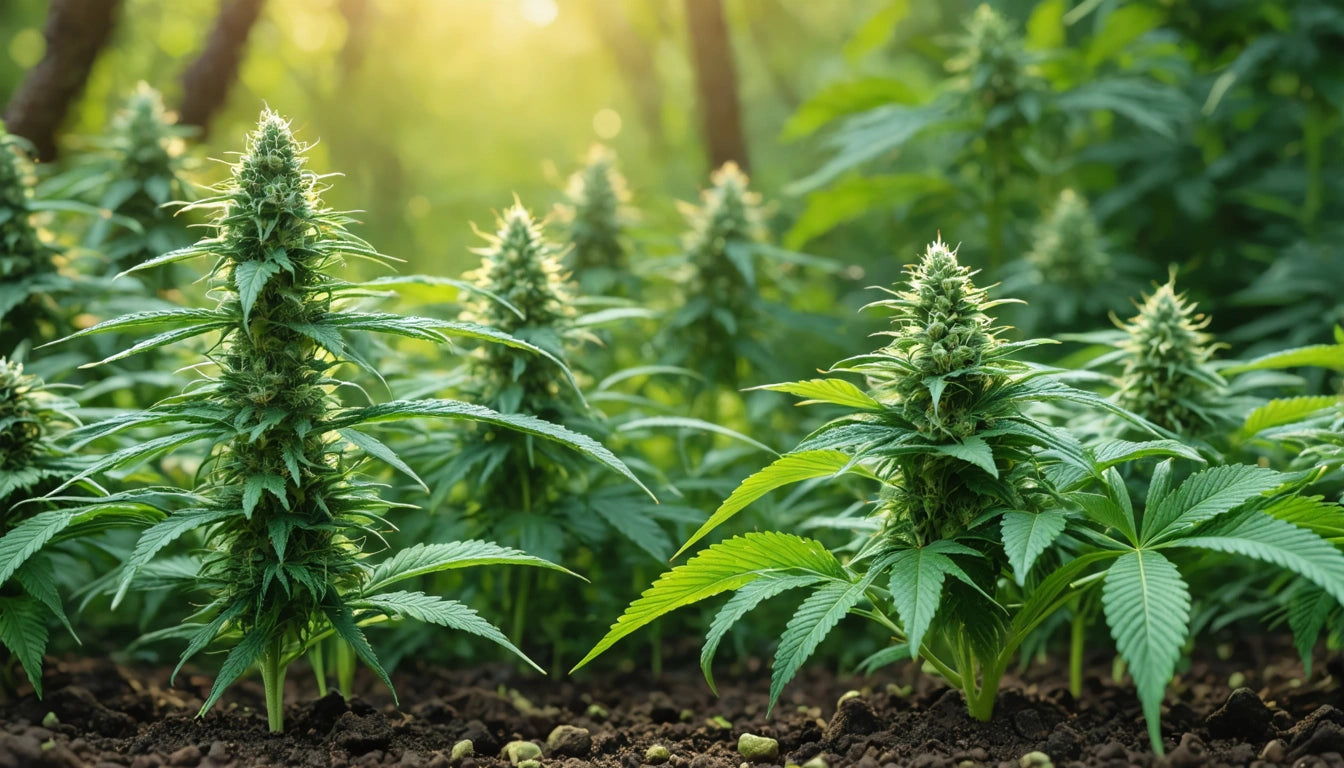 Green plants with pointed leaves and dense buds growing in soil, sunlight filtering through trees in the background