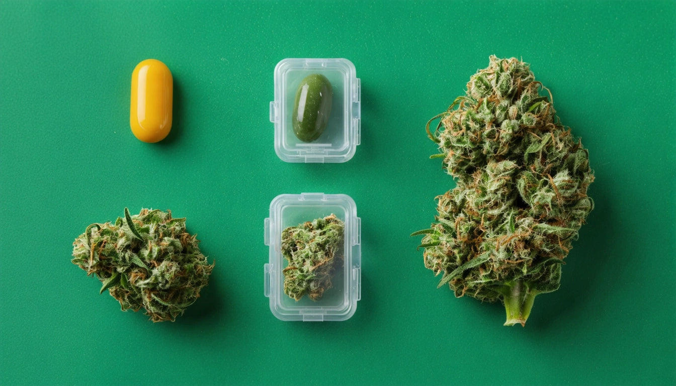 Yellow capsule, green pill in a clear box, two cannabis buds, one large and one small, on a green background