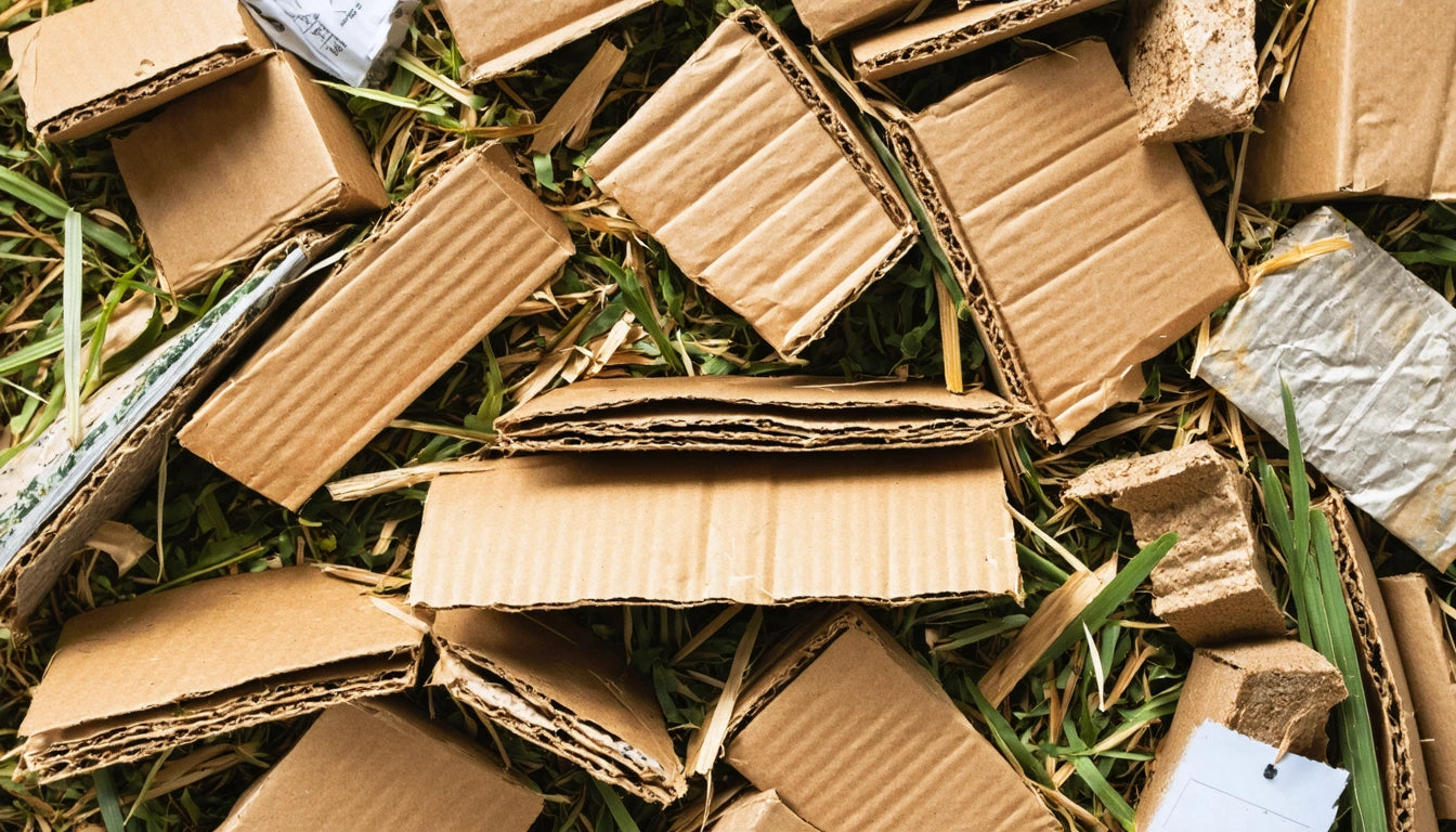 Scattered pieces of brown cardboard and paper on grass