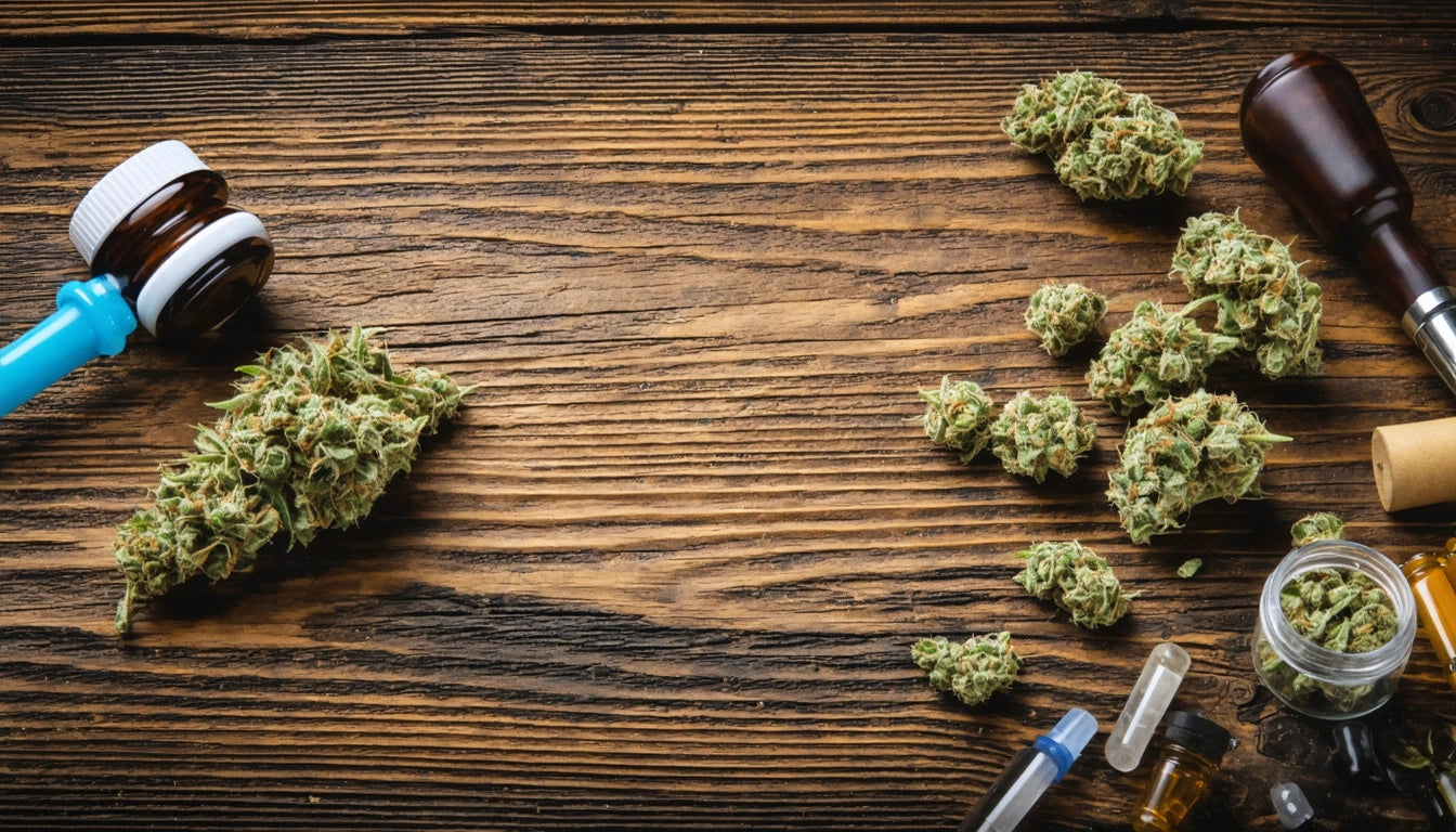 Wooden surface with scattered green plant buds, a gavel, a small jar, and capsules