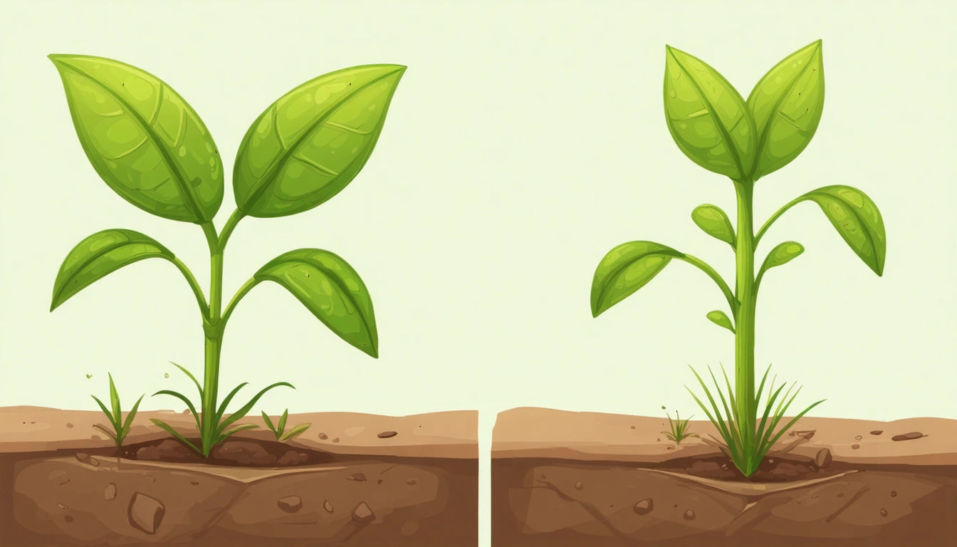 Two green plants with multiple leaves growing in brown soil, side by side, against a light background