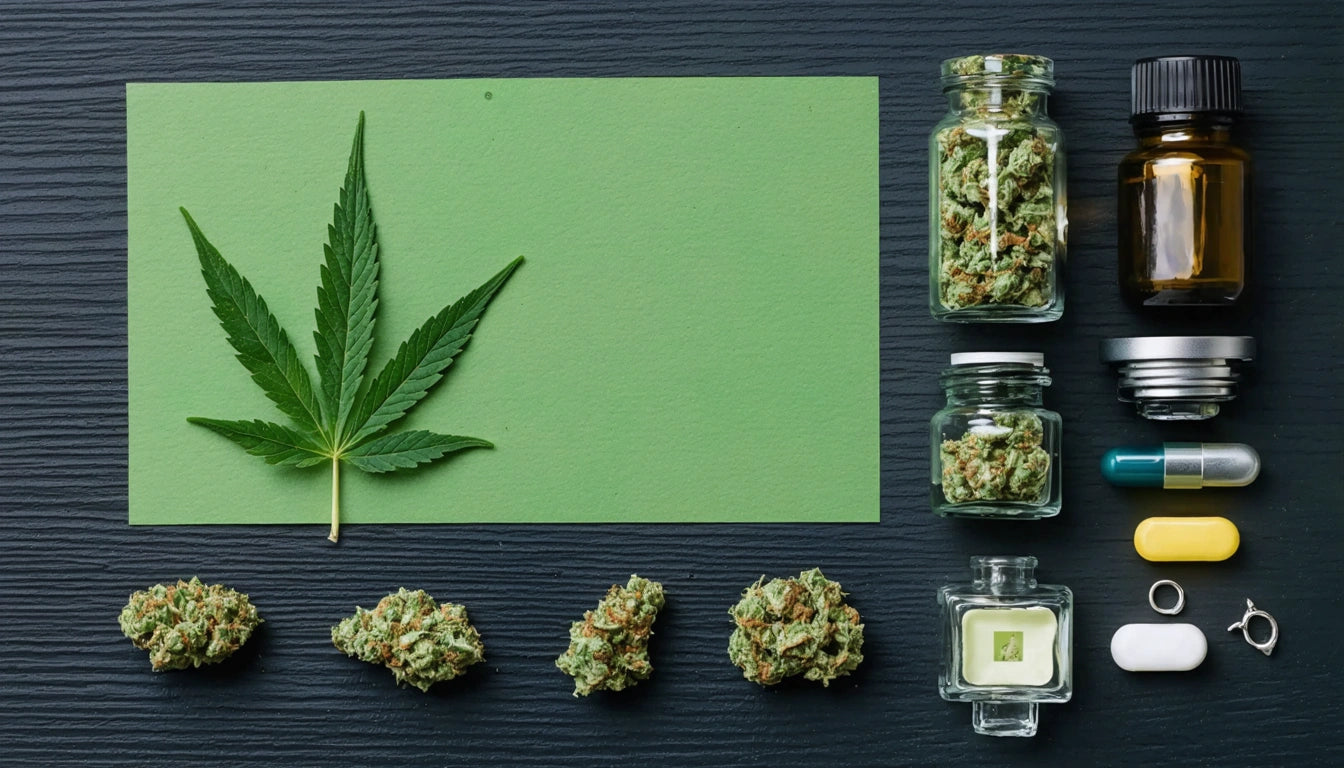 Green leaf on green paper, jars with dried herbs, small bottles, and pills arranged on dark textured surface