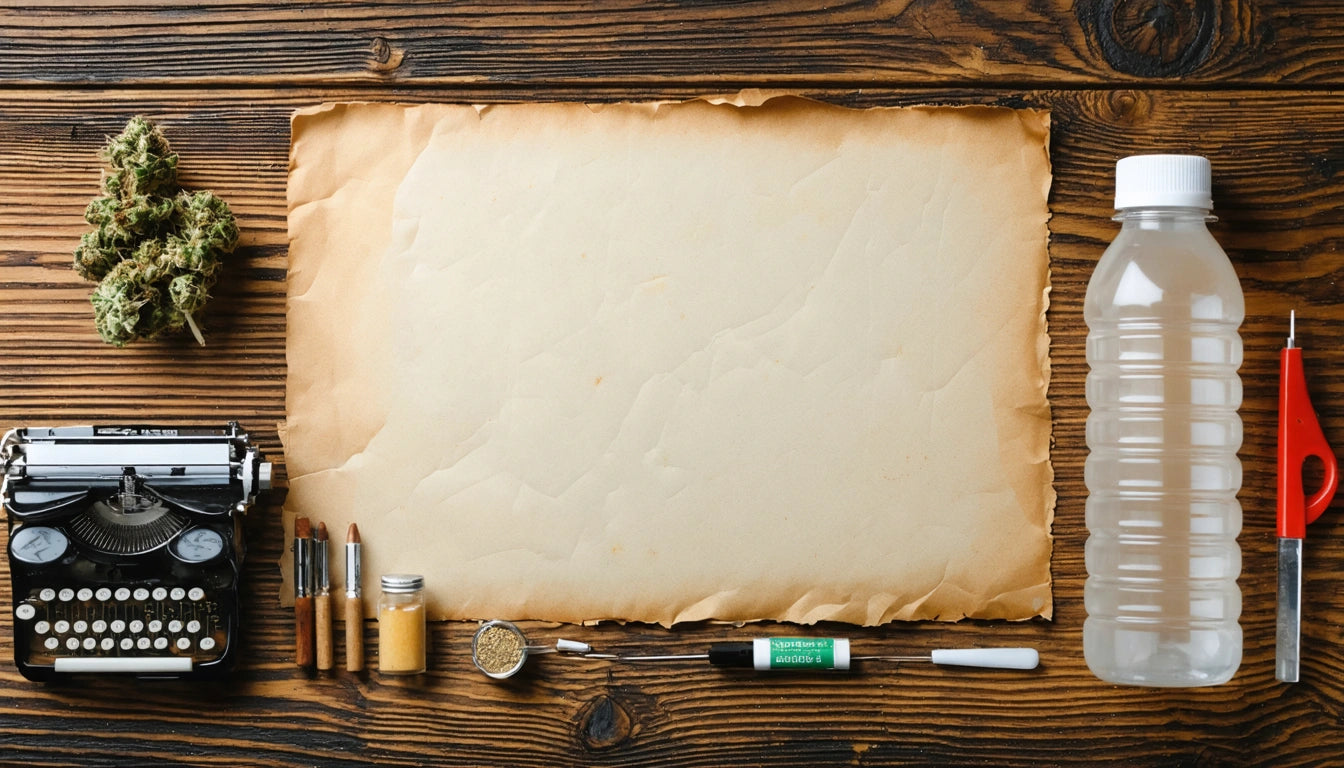 Aged paper centered on wooden surface, surrounded by typewriter, cannabis buds, bullets, small jars, syringe, bottle, and pen