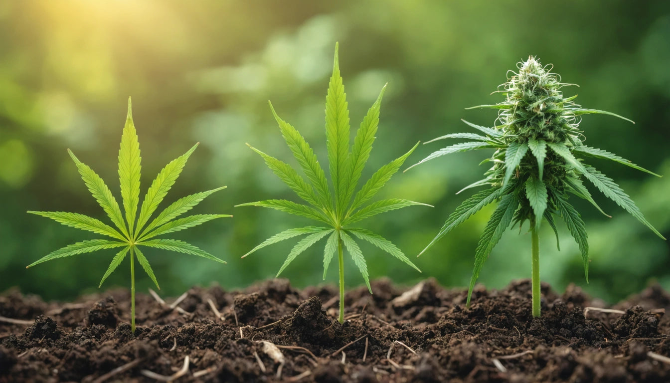 Three green plants in soil, two with fan-shaped leaves, one with a flowering bud, blurred greenery in the background
