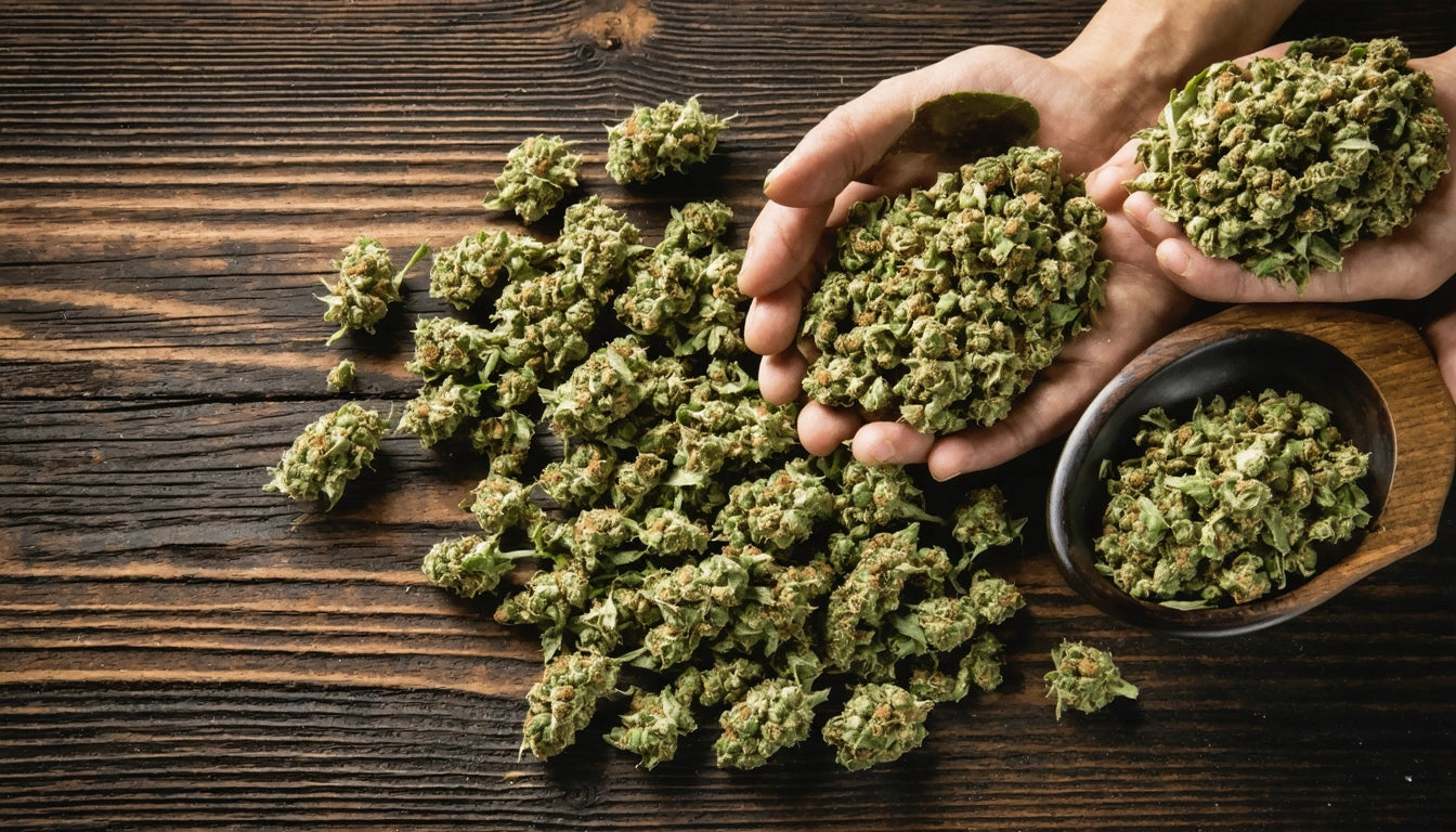 Hands holding green plant buds over a wooden table with more buds scattered and a bowl filled with them