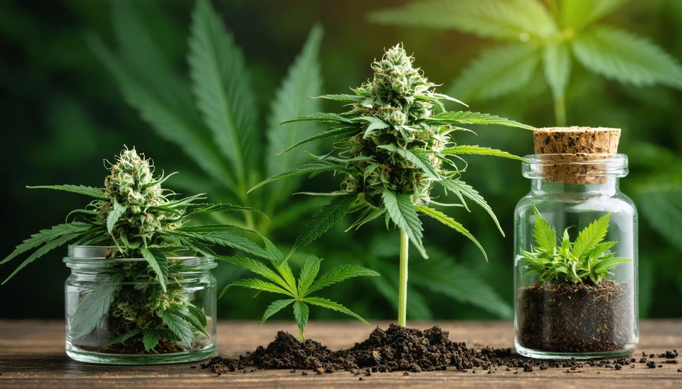 Two cannabis plants in glass jars, one with a cork lid, on a wooden surface with soil, large leaves in the background