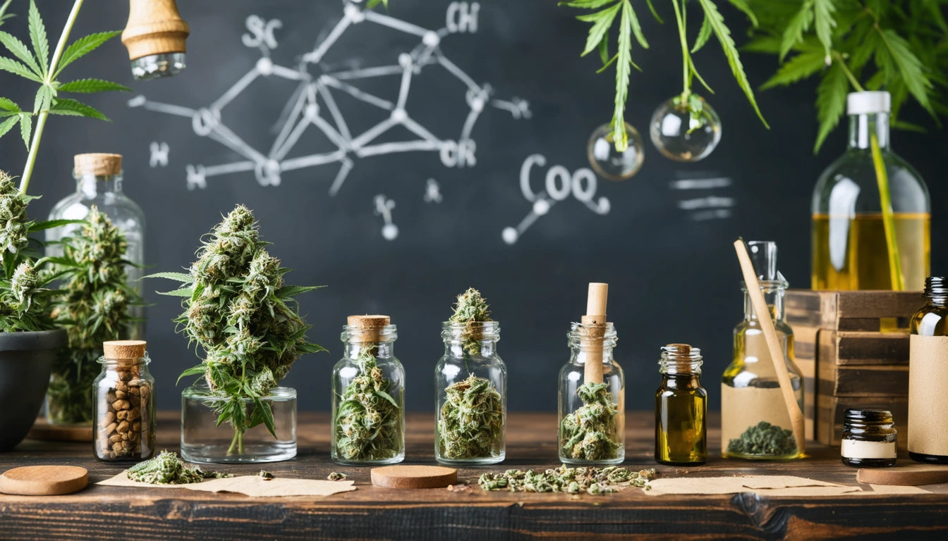 Glass jars with green buds, a chalkboard with chemical drawings, hanging plants, and small bottles with liquid on a wooden table