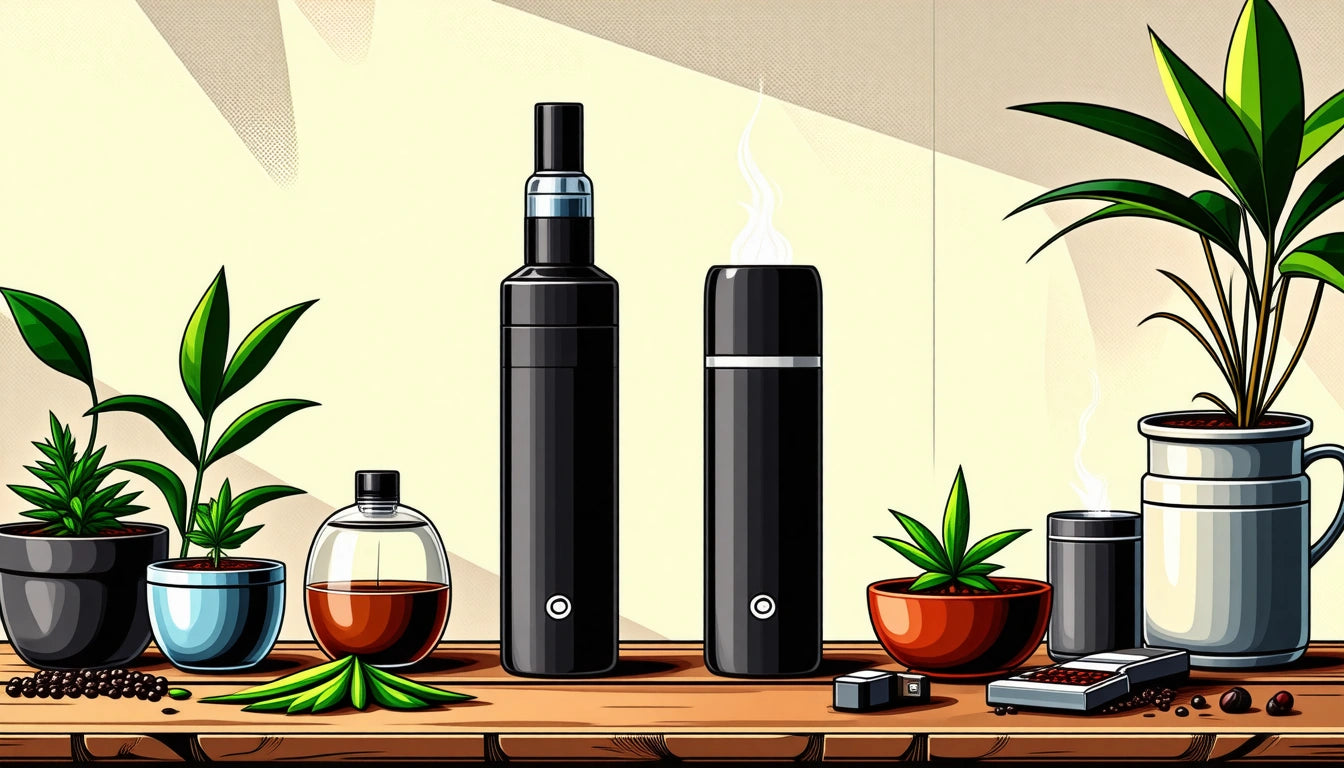 Two black cylindrical devices on a wooden surface, surrounded by potted plants, a small glass container, and a pack of matches