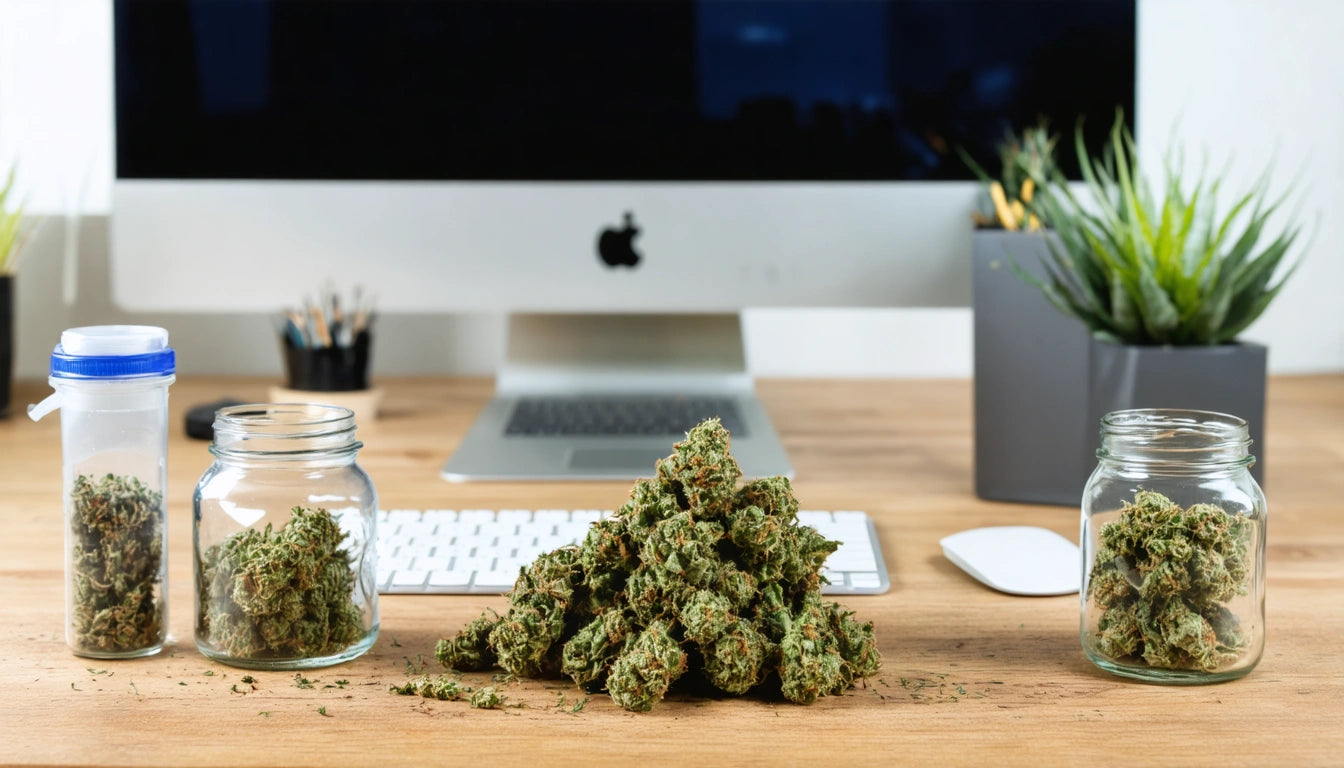 Dried green plant buds piled on a wooden desk with jars, keyboard, mouse, and computer monitor in the background