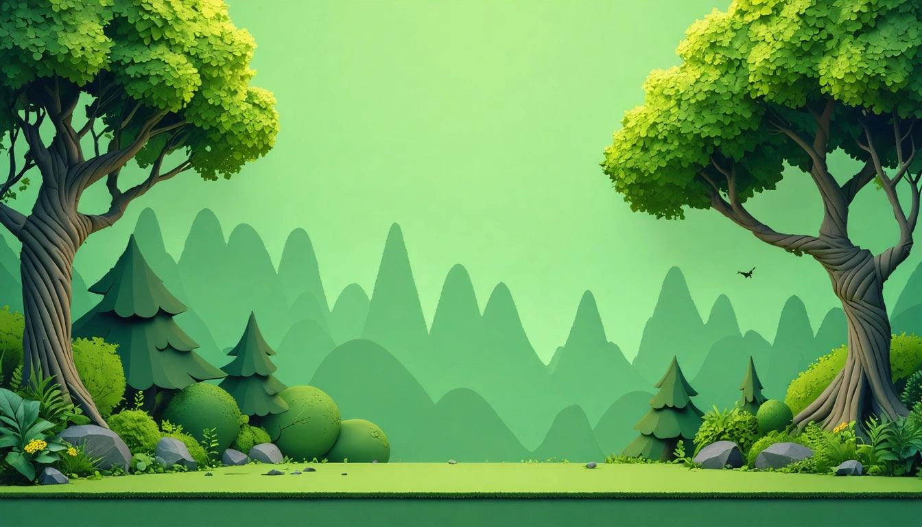 Two large trees with lush green foliage frame a landscape of rolling hills and smaller trees under a bright green sky