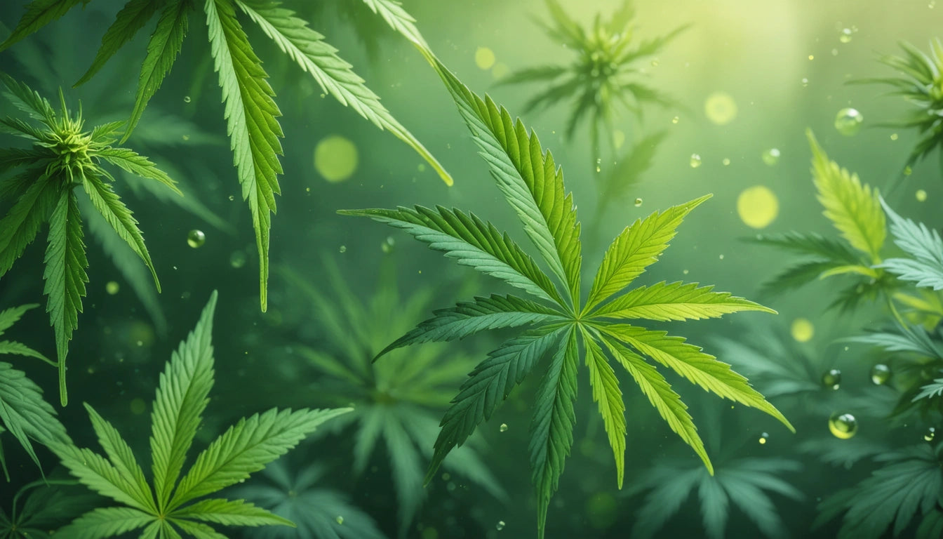 Green leaves with serrated edges in soft focus, surrounded by glowing orbs and droplets, set against a blurred green background