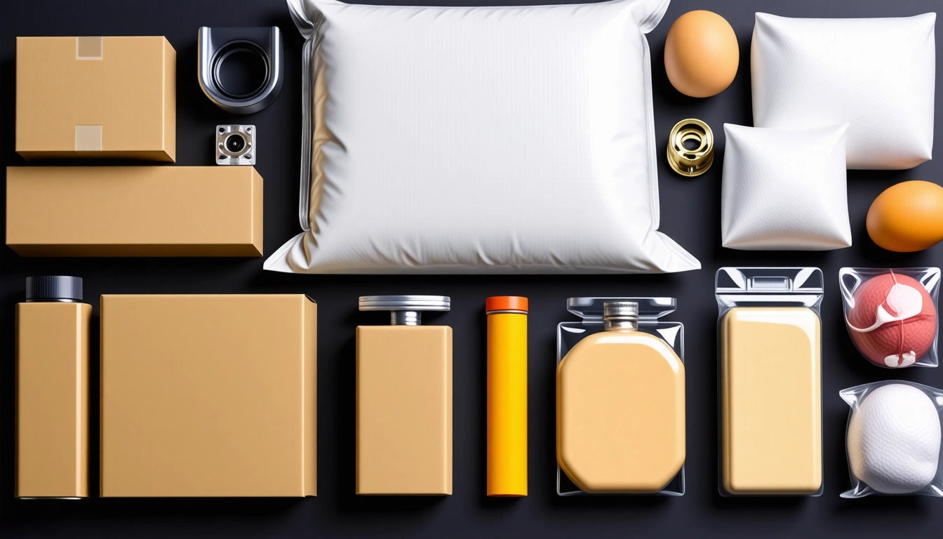 Assorted packaging items on black surface, including boxes, bottles, pouches, and cans in beige, white, and orange tones