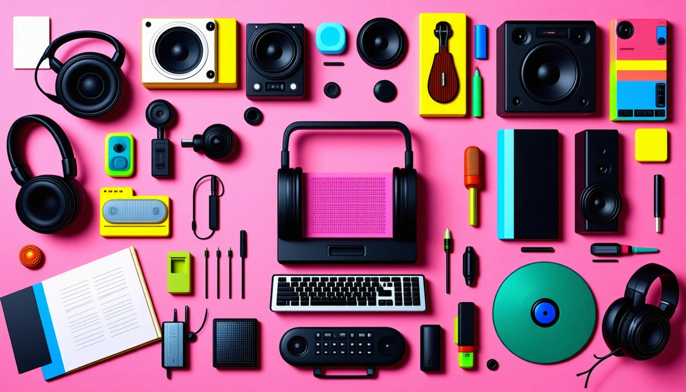 Headphones, speakers, camera, keyboard, and colorful gadgets arranged on a pink background