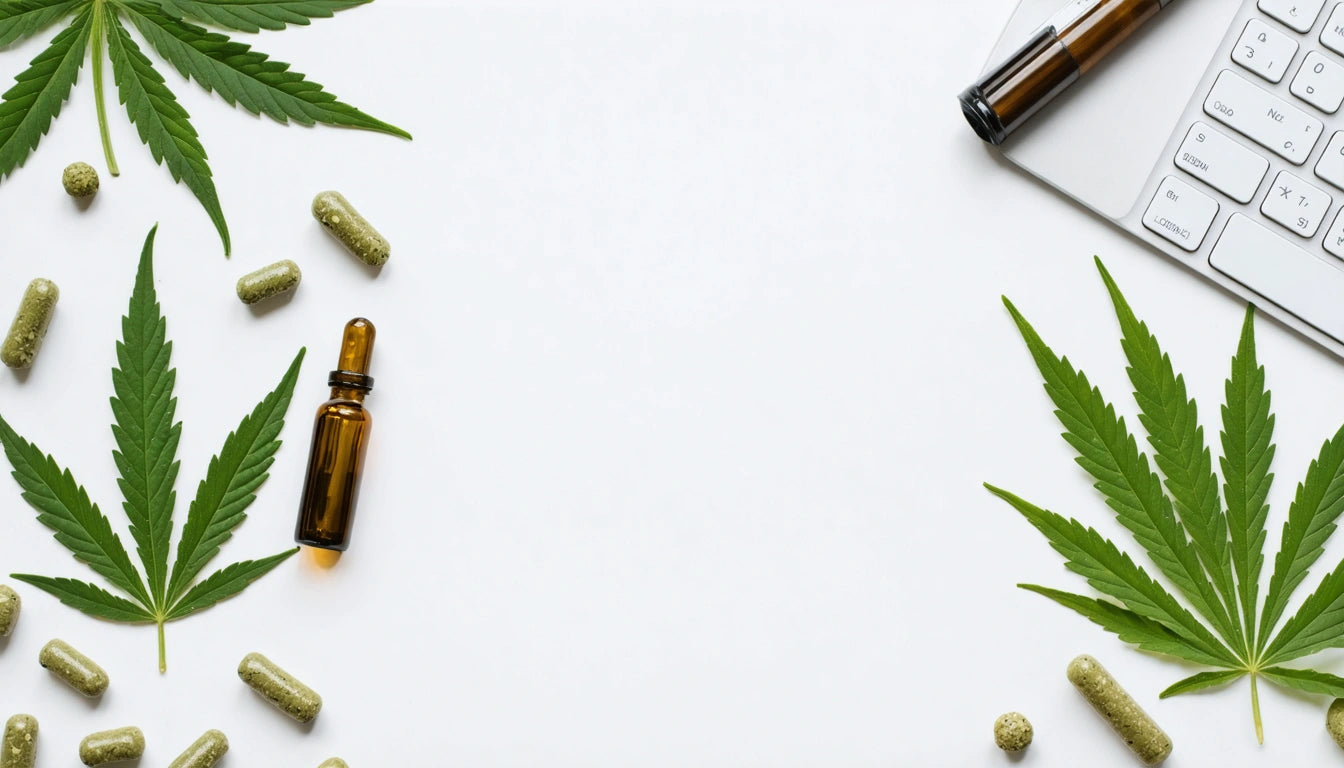 Green capsules, cannabis leaves, amber dropper bottle, and part of a laptop on a white background