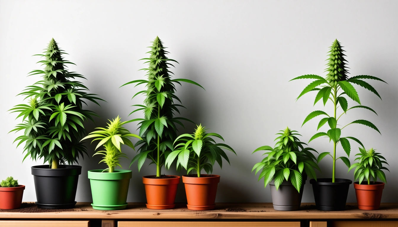 Six potted plants of varying sizes on a wooden shelf, with green foliage against a plain white background