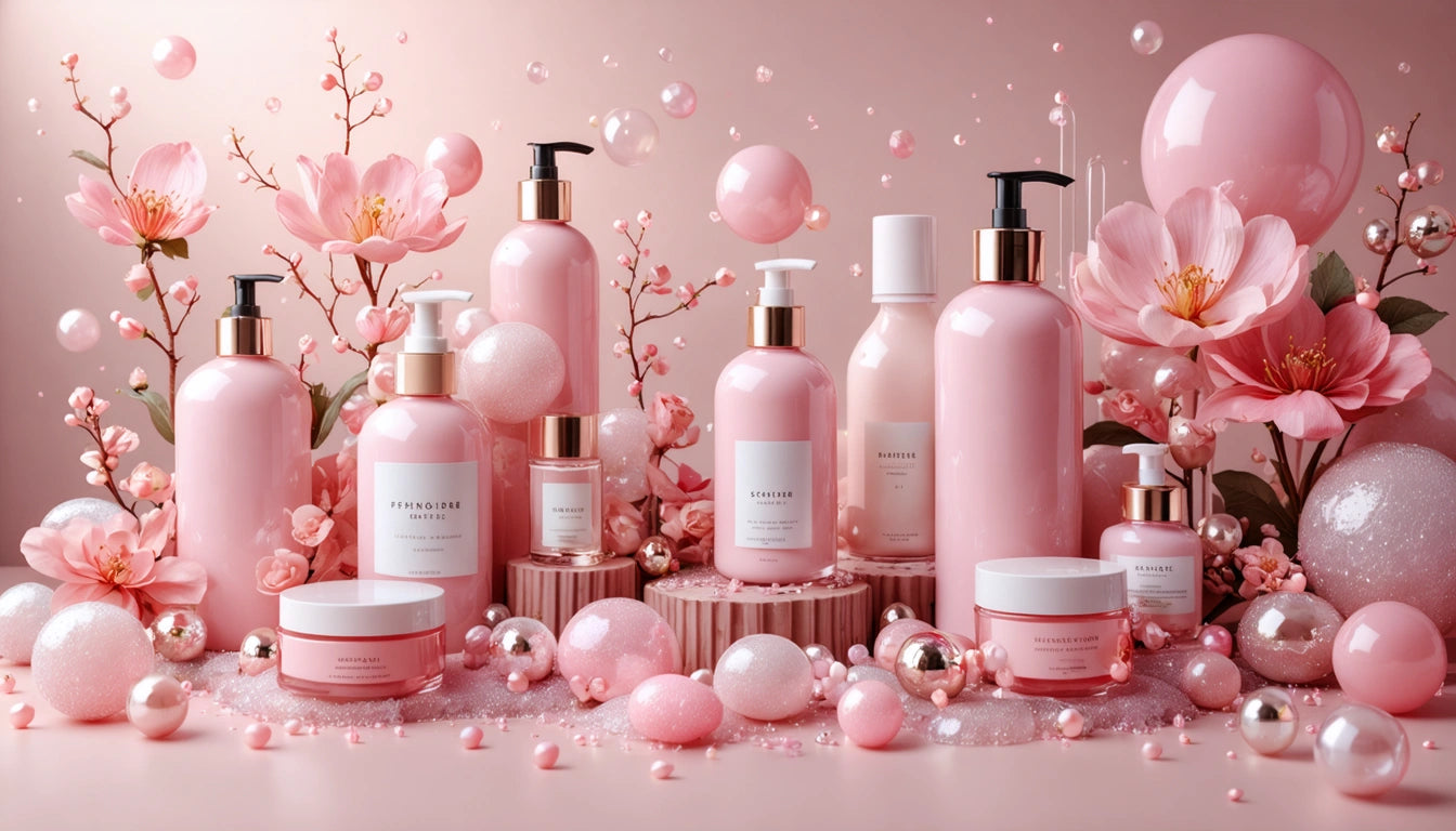 Pink cosmetic bottles and jars surrounded by pink flowers, pearls, and decorative spheres on a soft pink background