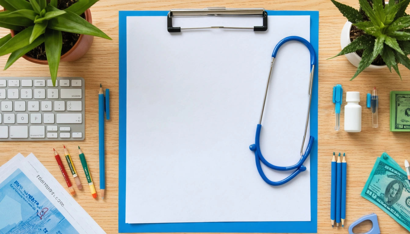 White paper on blue clipboard with stethoscope, surrounded by plants, keyboard, pens, pills, and dollar bills on wooden desk