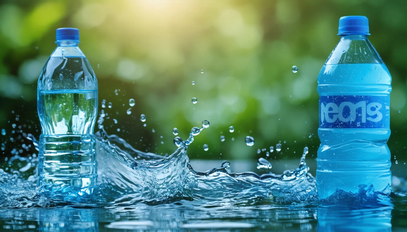 Two water bottles with blue caps, splashing water around them, green blurred background, sunlight shining from top left