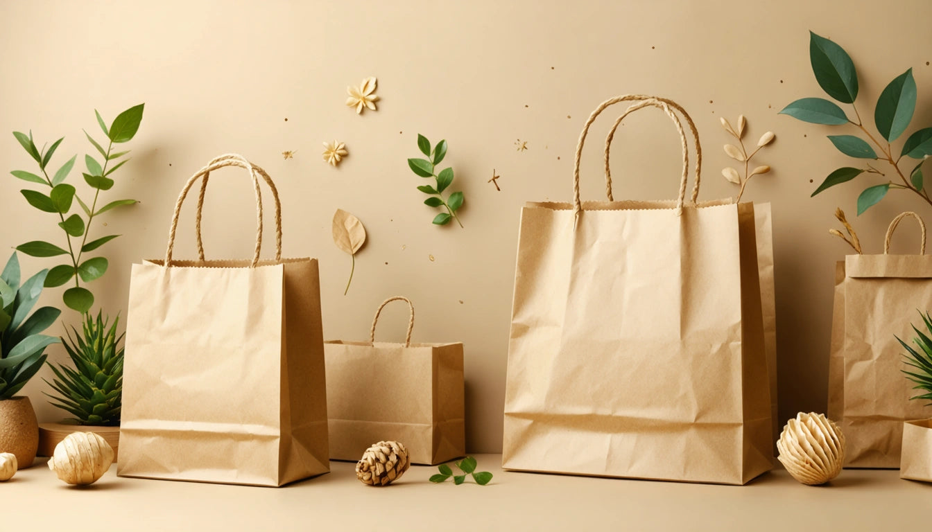 Brown paper bags with handles surrounded by green leaves and pine cones on a beige background
