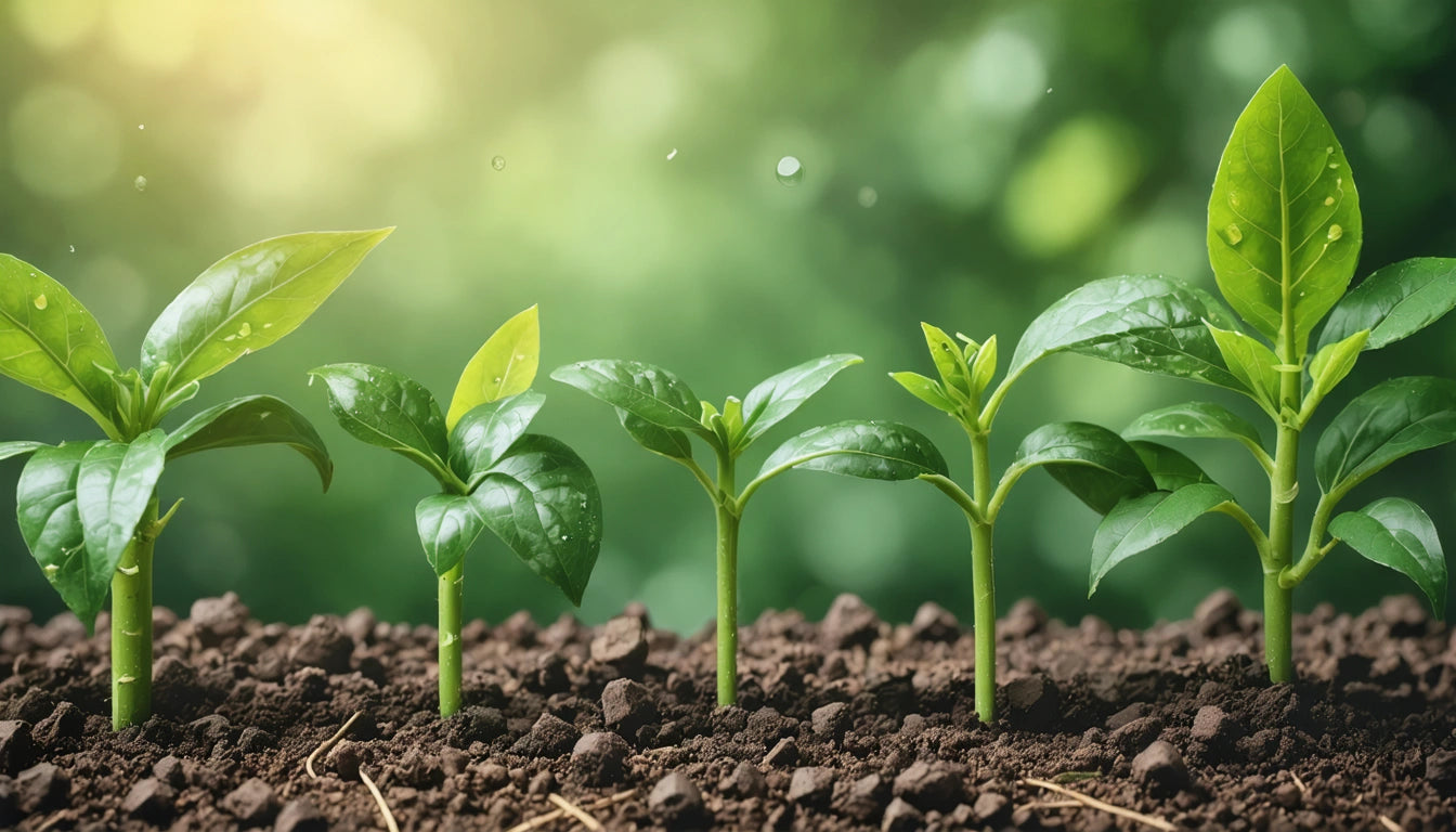 Five green seedlings sprouting from dark soil, with a blurred green background and soft sunlight filtering through
