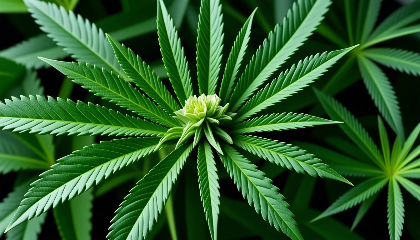 Green plant with long, pointed leaves radiating from a central bud, set against a dark green background