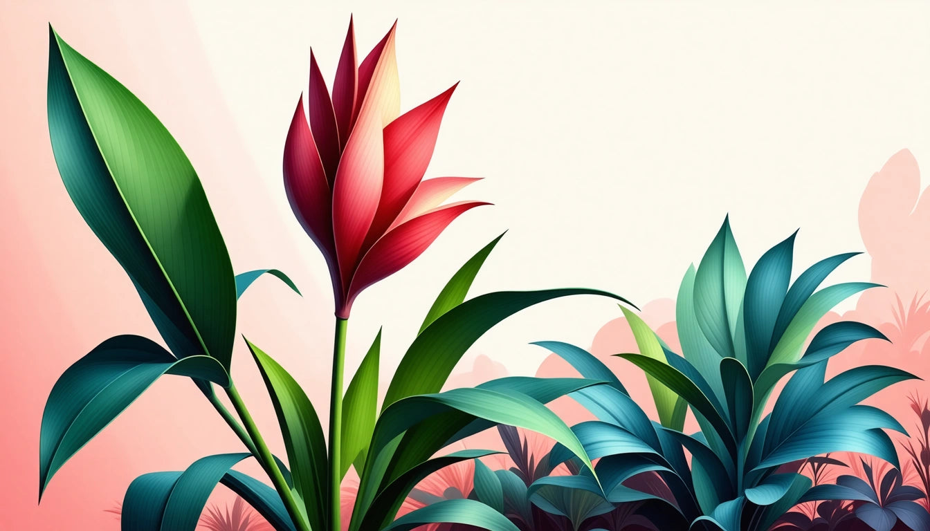 Red and cream flower with pointed petals and green leaves, surrounded by blue and green foliage on a light background