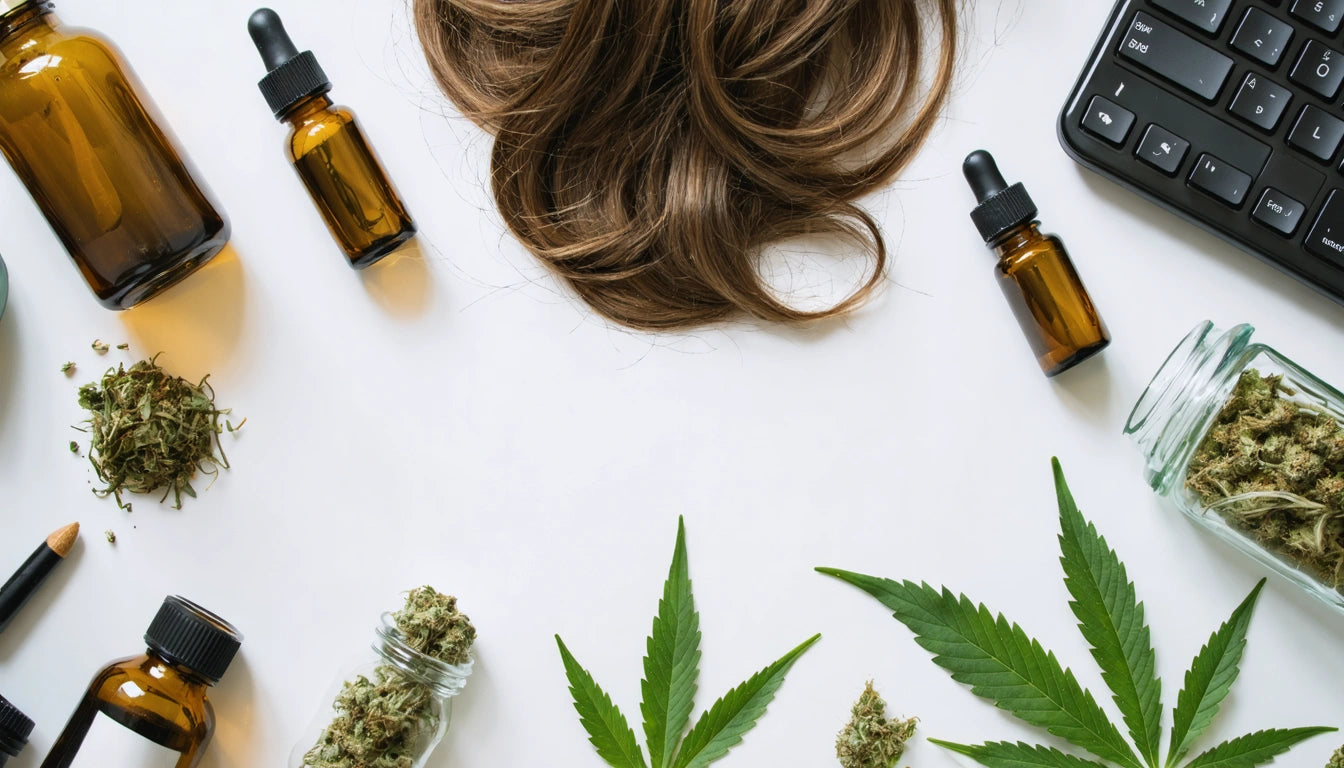 Brown wig, amber dropper bottles, keyboard, cannabis leaves, and jars with buds on white background