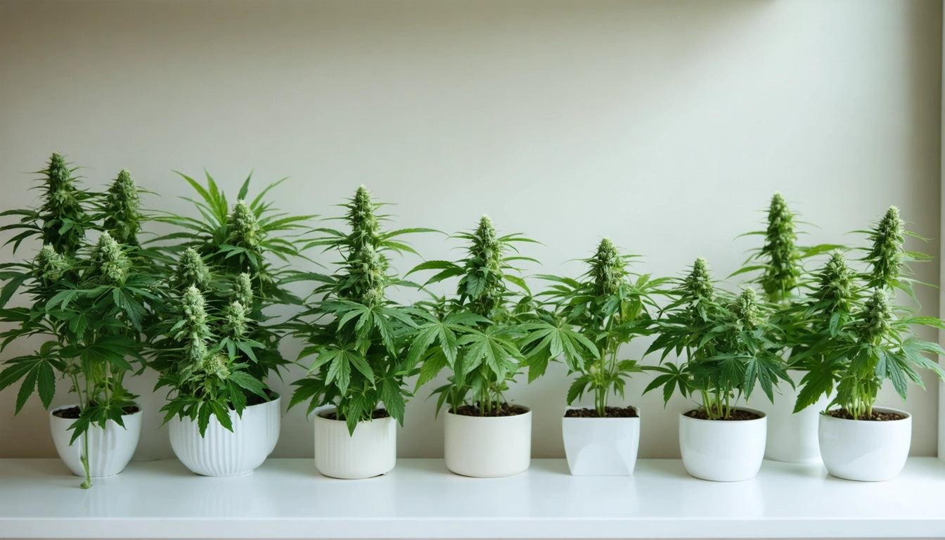 Ten potted plants with green leaves and tall stems on a white shelf against a light beige wall