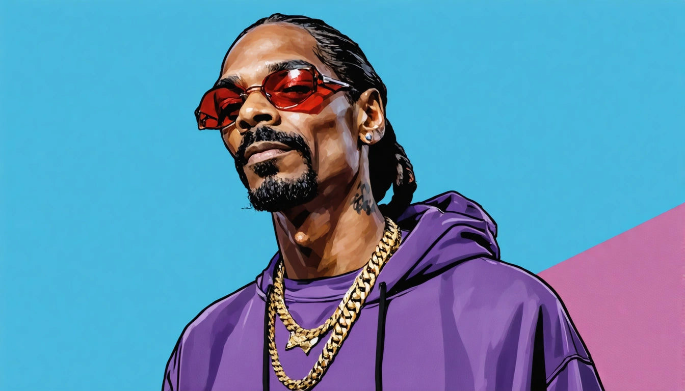 Person with braided hair wearing red sunglasses, purple hoodie, and gold chains against a blue and pink background