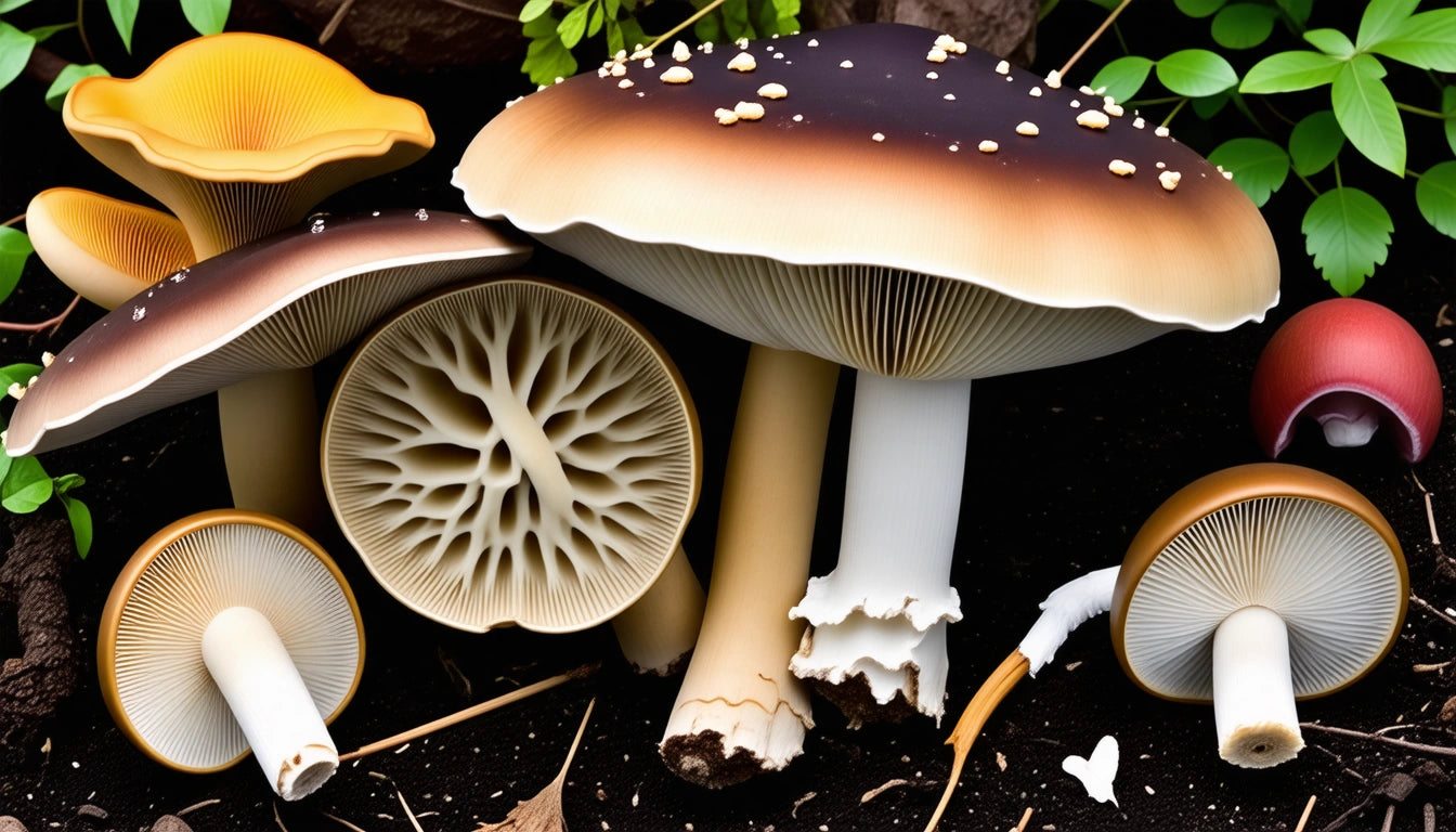 Various mushrooms with textured caps and stems on dark soil, surrounded by green leaves