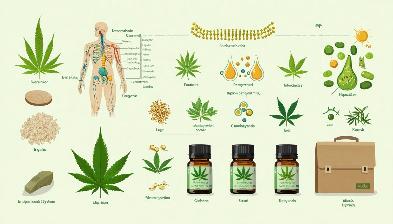 Diagram with human anatomy, cannabis leaves, molecular structures, oil bottles, and a brown briefcase on a light green background
