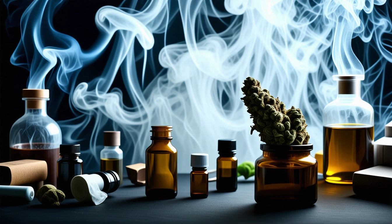 Glass bottles and jars with corks and caps, surrounded by swirling smoke, on a dark surface