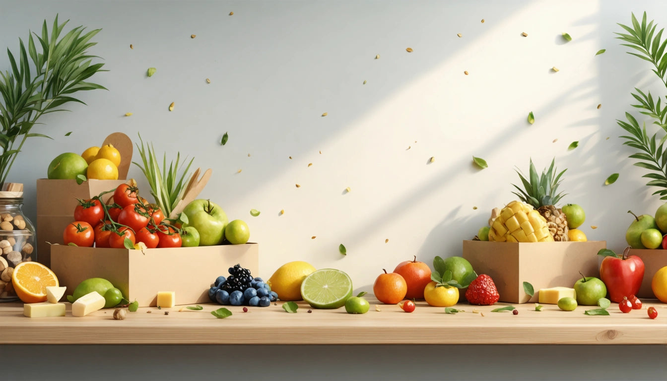 Wooden table with assorted fruits, vegetables, and plants, including pineapples, tomatoes, and lemons, under soft sunlight