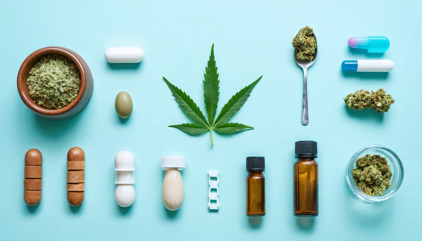 Cannabis leaf centered on blue background, surrounded by pills, capsules, brown bottles, and a spoon with dried herb