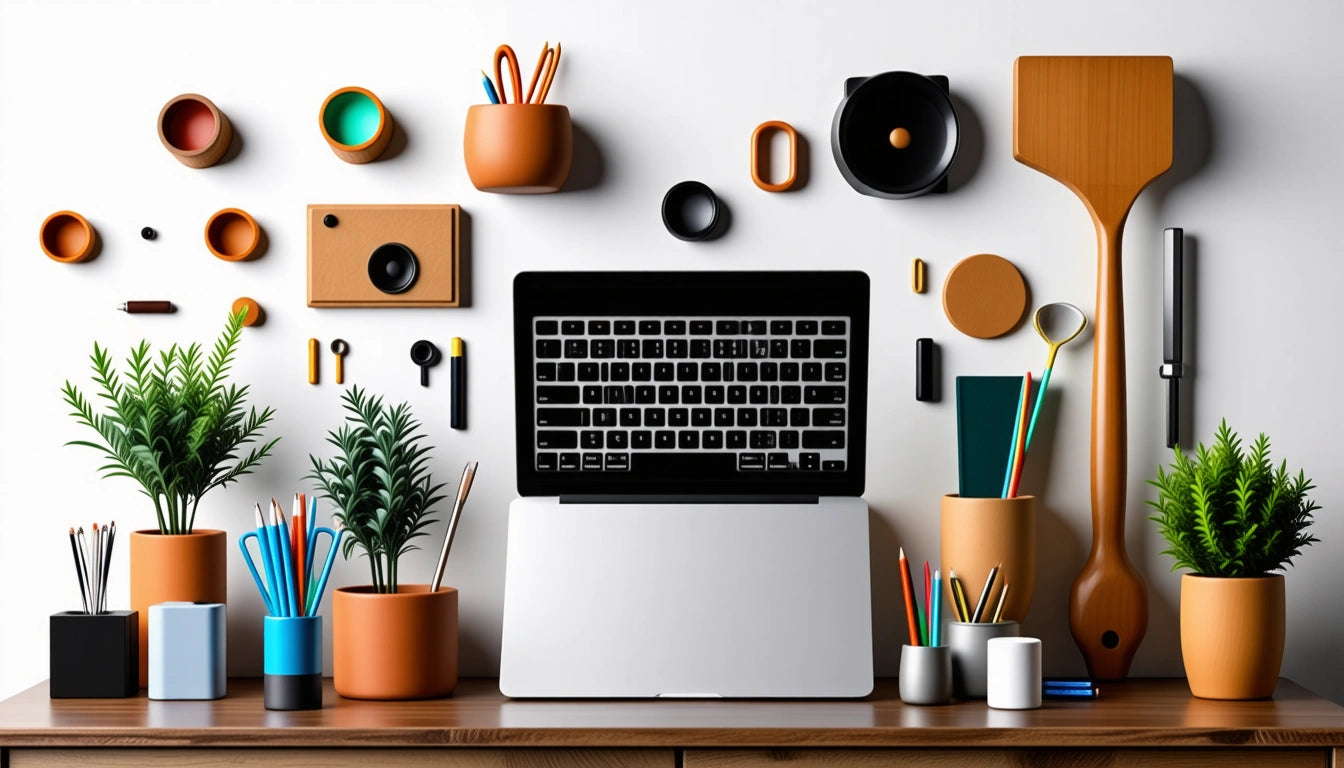 Laptop on wooden desk, surrounded by potted plants, colorful pens, and wall-mounted geometric shapes and containers