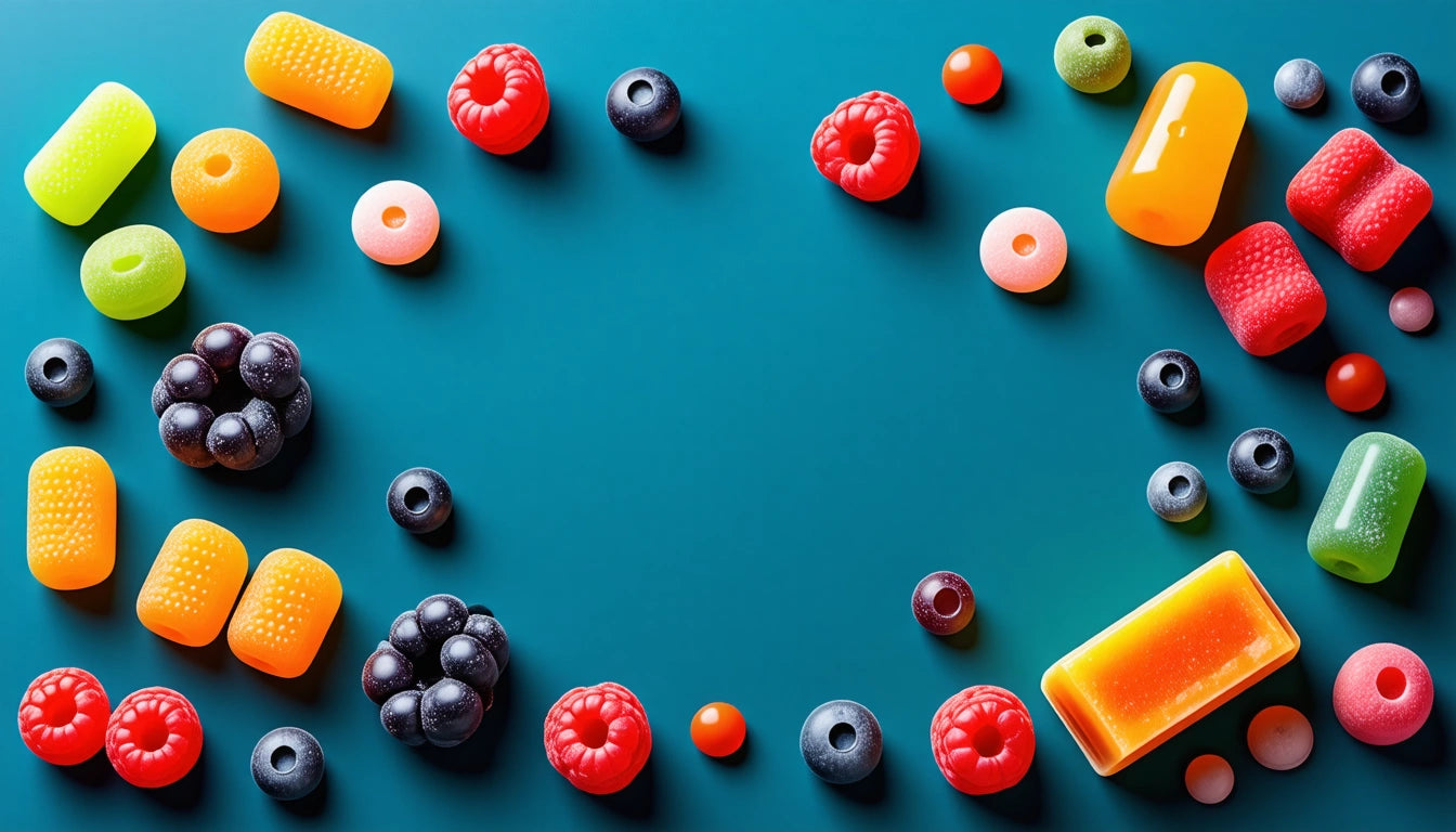 Colorful assorted candies scattered on a teal surface, including red raspberries, orange and yellow cylinders, and black rings