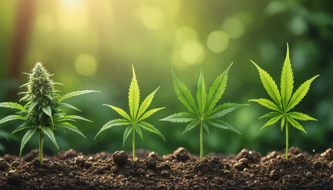 Four cannabis plants at different growth stages in soil, with green leaves and soft sunlight in the background