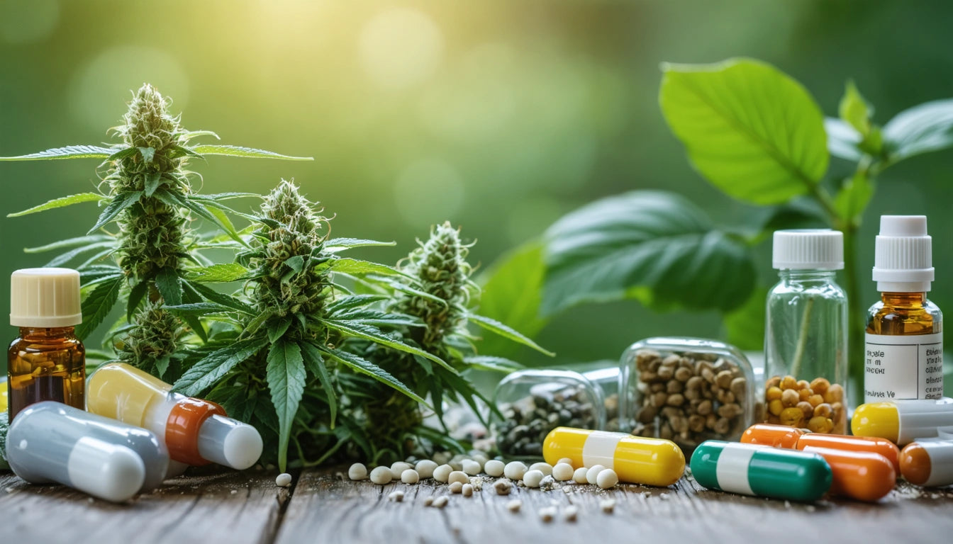 Cannabis plants, assorted pills, capsules, and small bottles on wooden surface with blurred green foliage background