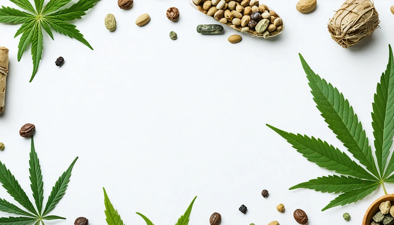 Green leaves and assorted seeds scattered on a white background
