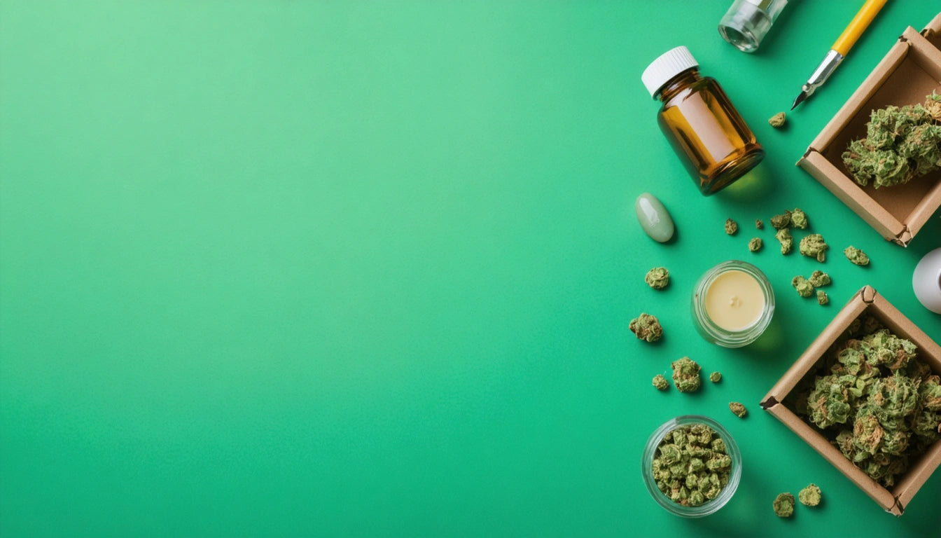 Glass jar, brown bottle, candle, and scattered green buds on right against green background