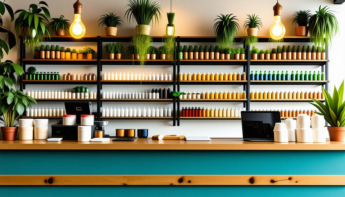 Wooden counter with cups and laptops, shelves behind filled with colorful bottles and potted plants, warm lighting overhead