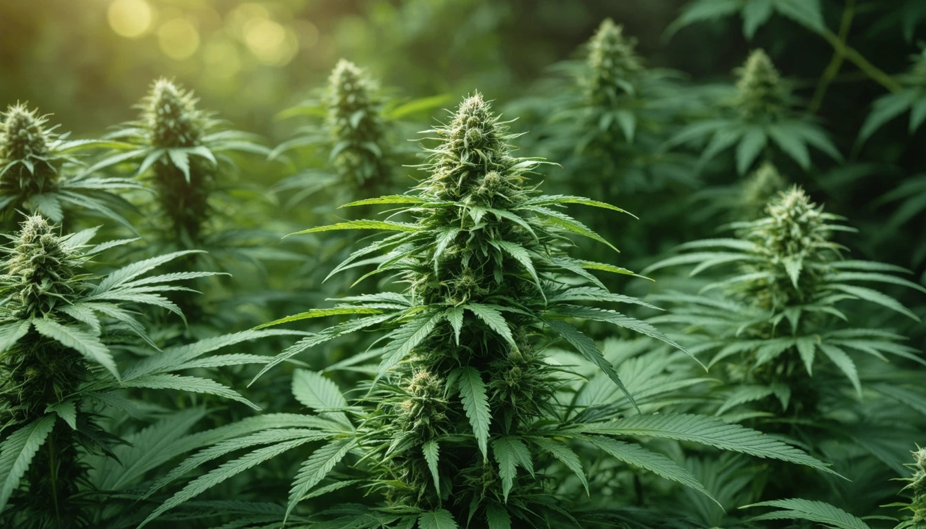 Dense green plants with pointed leaves and clustered buds, softly lit by warm sunlight in a lush outdoor setting