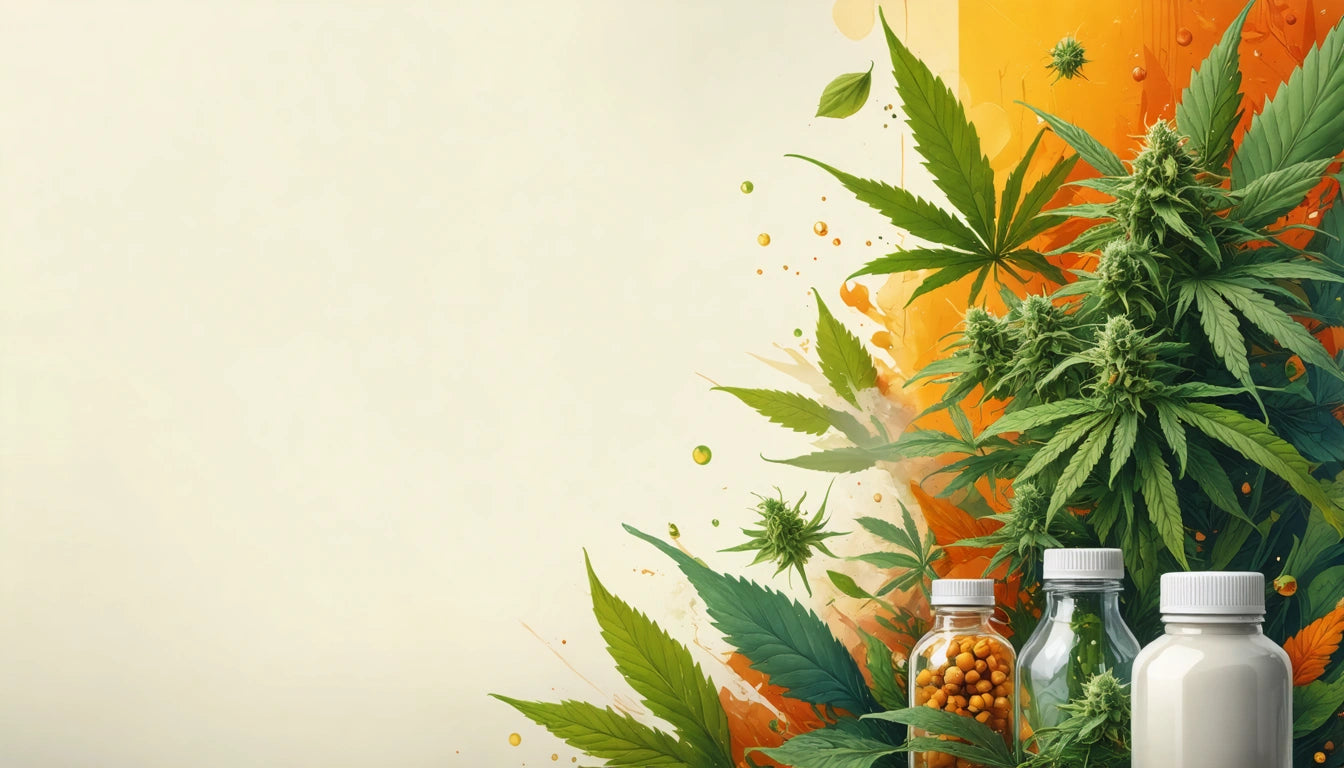 Green cannabis leaves and plants with three bottles on the right, set against a light background with orange accents
